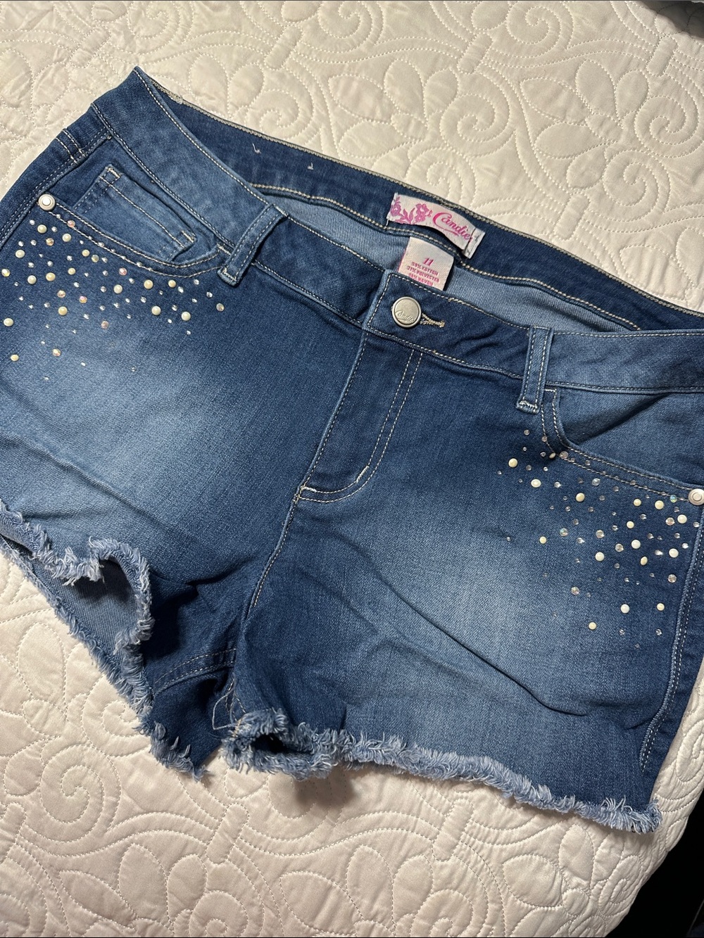 Candie's Blue Denim Studded Frayed Hem Shorts